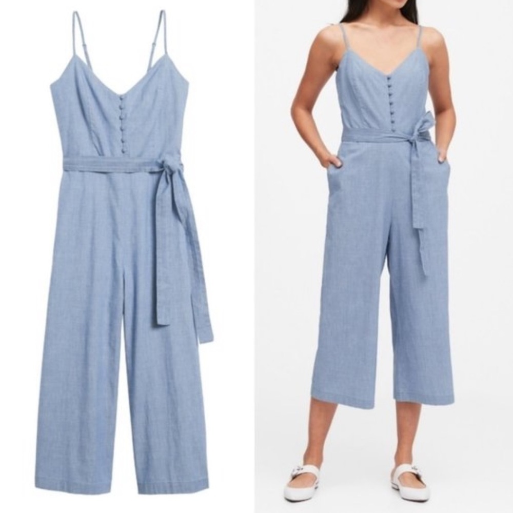 Banana Republic Chambray Blue Wide-Leg Cropped Tie Waist Jumpsuit 2 - Picture 4 of 6